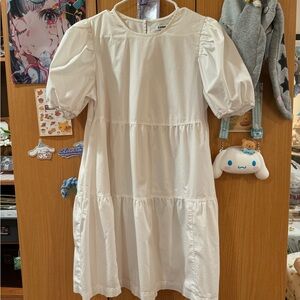 EXPRESS white puff sleeve babydoll mini dress cotton-poly blend
